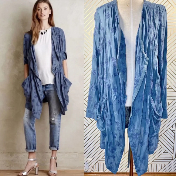 Anthropologie Hei Hei Melita Utility Jacket Cardigan Embroidered Blue Size Small - Picture 1 of 12